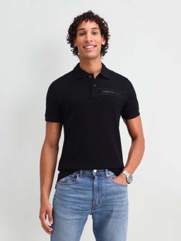 U.S. POLO ASSN. - Black Solid/Plain Collar Neck Polo T-Shirt