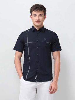 U.S. POLO ASSN. - Blue Solid/Plain Collar Neck Shirt