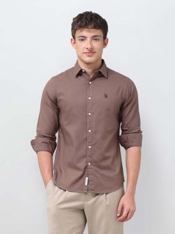 U.S. POLO ASSN. - Brown Solid/Plain Collar Neck Shirt
