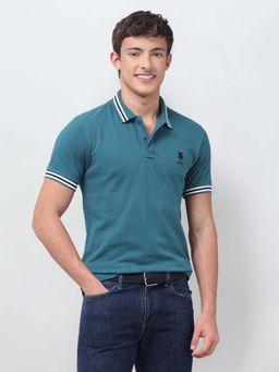 U.S. POLO ASSN. - Teal Solid/Plain Collar Neck Polo T-Shirt