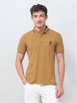 U.S. POLO ASSN. - Khaki Solid/Plain Collar Neck Polo T-Shirt