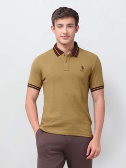 U.S. POLO ASSN. - Khaki Solid/Plain Collar Neck Polo T-Shirt