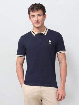 U.S. POLO ASSN. - Blue Solid/Plain Collar Neck Polo T-Shirt