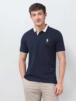 U.S. POLO ASSN. - Blue Solid/Plain Collar Neck Polo T-Shirt