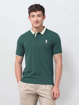 U.S. POLO ASSN. - Green Solid/Plain Collar Neck Polo T-Shirt