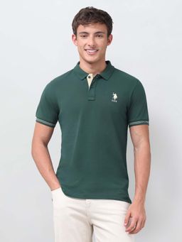 U.S. POLO ASSN. - Green Solid/Plain Collar Neck Polo T-Shirt