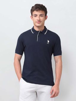 U.S. POLO ASSN. - Blue Solid/Plain Collar Neck Polo T-Shirt