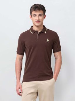 U.S. POLO ASSN. - Brown Solid/Plain Collar Neck Polo T-Shirt