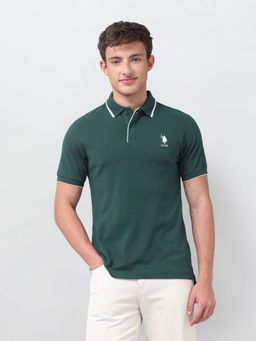 U.S. POLO ASSN. - Green Solid/Plain Collar Neck Polo T-Shirt