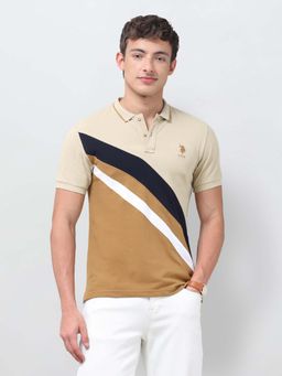 U.S. POLO ASSN. - Beige Colorblock Collar Neck Polo T-Shirt