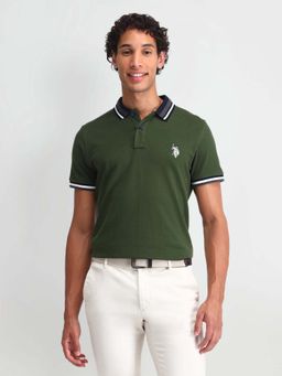 U.S. POLO ASSN. - Olive Solid/Plain Collar Neck Polo T-Shirt