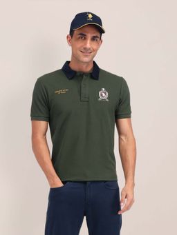 U.S. POLO ASSN. - Olive Solid/Plain Collar Neck Polo T-Shirt