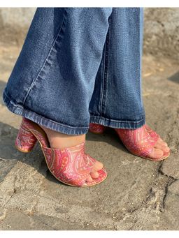 MIRAKI - Pink Paisley Printed Slip Ons with Rounded Heels