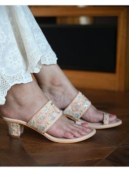 MIRAKI - Peach Floral Thread Work Heels