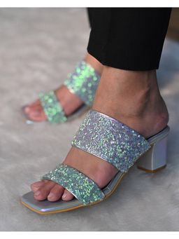MIRAKI - Blue Iridescent Slip On Block Heels