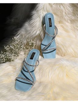 MIRAKI - Blue Strappy Rhinestone Slip Ons with Powder Box Heels