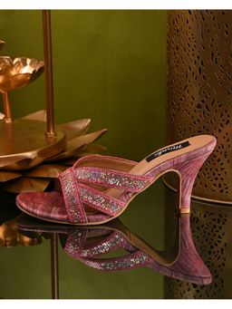 MIRAKI - Pink Slip On Heels with Sequins and Thread Work