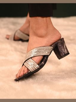 MIRAKI - Black Block Heels with Criss Cross White Sequins Handwork