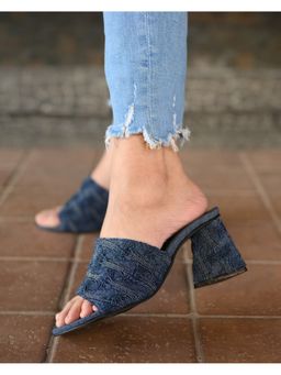 MIRAKI - Blue Denim Slip On with Triangle Block Heels