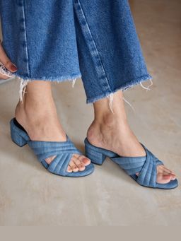 MIRAKI - Blue Denim Crisscross Slide Heels