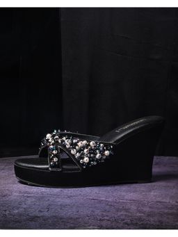 MIRAKI - Black Handwork Wedges with Beads and Pearls