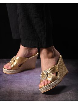 MIRAKI - Soft Gold Cross Straps Wedge with Studded Brooch