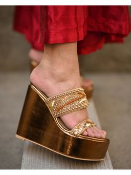 MIRAKI - Bronze Dual Strap Handwork Wedges