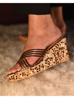 MIRAKI - Gold Cross Strap Metallic Sequins Wedges