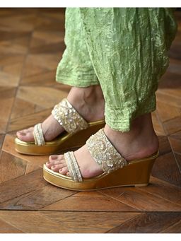MIRAKI - Gold Dual Strap Handwork Wedges