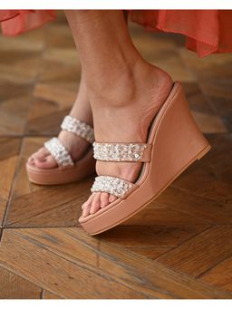 MIRAKI - Peach Nude Wedges with Bead Work