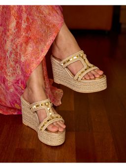 MIRAKI - Beige Woven Wedge Sandals with Stud Accents