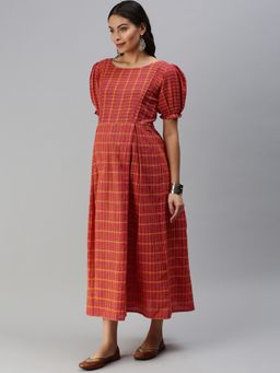 Swishchick - Orange Checks Cotton Maternity Dress