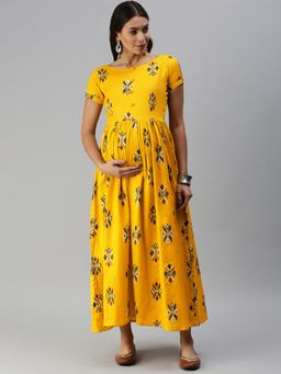 Swishchick - Yellow Printed Fit and Flare Maternity Dress