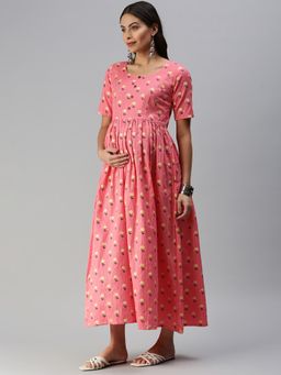 Swishchick - Pink Printed Fit and Flare Maternity Dress