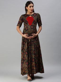 Swishchick - Black Printed Fit and Flare Maternity Dress