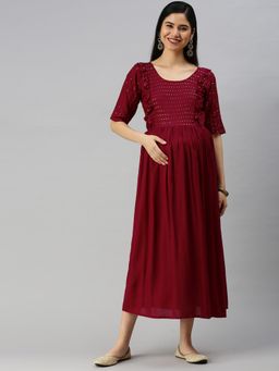 Swishchick - Marron Embroidered Yoke Maternity Dress