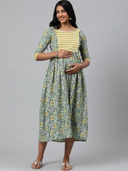 Swishchick - Pastel Green Printed Cotton Patch Maternity Dress