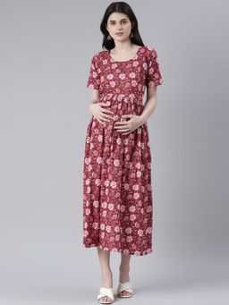 Swishchick - Maroon Cotton Printed Maternity Dress