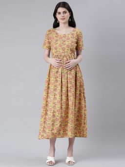 Swishchick - Yellow Cotton Printed Maternity Dress
