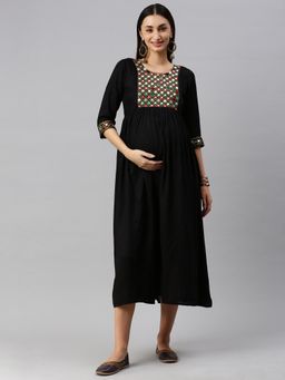 Swishchick - Black Embroidered Patch Maternity Dress