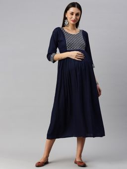 Swishchick - Navy Blue Embroidered Patch Maternity Dress