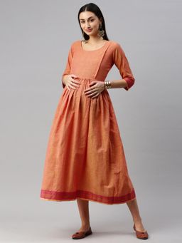 Swishchick - Orange Handloom Cotton Maternity Dress