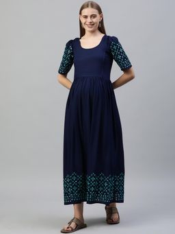 Swishchick - Navy Blue Mirror Work Border Maternity Dress