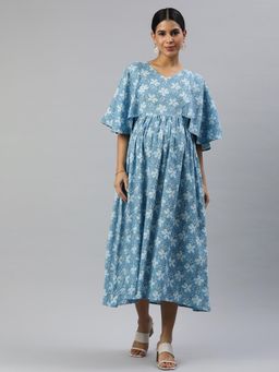 Swishchick - Blue Floral Print Cotton Maternity Dress