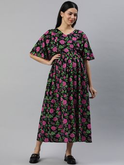 Swishchick - Black and Pink Floral Print Cotton Maternity Dress