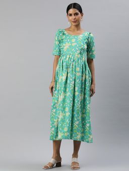 Swishchick - Sea Green and Yellow Floral Print Cotton Maternity Dress