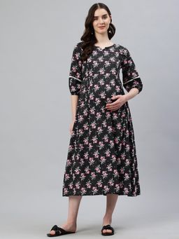 Swishchick - Black and Pink Floral Print Maternity Dress