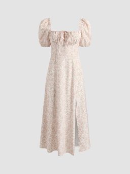 Cider - Beige Ruths Ditsy Floral Square Neck Midi Dress