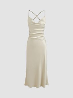 Cider - Off White Satin Cowl Neck Sleeveless Mermaid Midi Dress