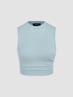 Cider - Blue Round Neckline Solid Sleeveless Ruched Crop Top